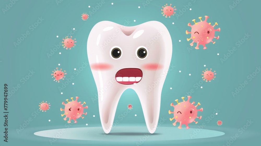 Cute cartoon character of tooth surrounded by bacteria and virus. Cute cartoon character of tooth surrounded by bacteria and virus.