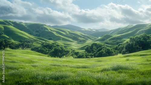 Rolling hills covered in a sea of verdant grass  stretching as far as the eye can see.