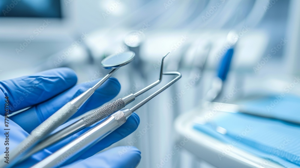 Dental tools in clinic with dentist preparing for dental care session for a client Dental tools in clinic with dentist preparing for dental care session for a client