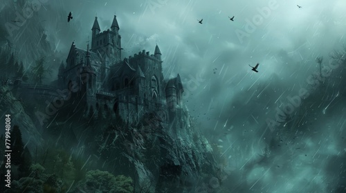 Gothic castle on the slope of a mountain
