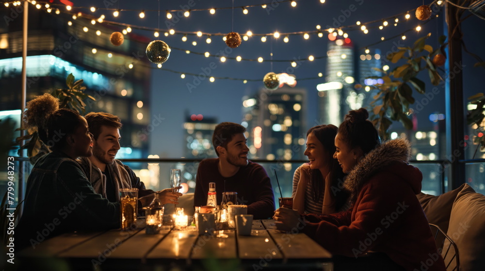 Group of diverse friends enjoying a rooftop party with city skyline views and festive decorations