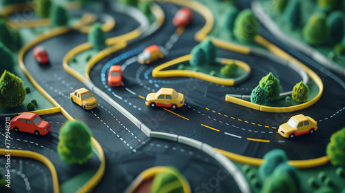 A toy car race track with cars going down the road, AI