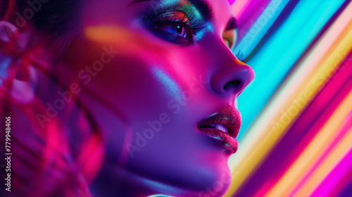 Model face woman is dramatically lit with neon lights  casting vivid turquoise and pink hues across her features