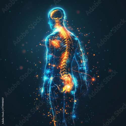 Glowing hologram of human body 3D bone system structure with dark background.