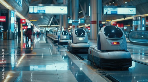 Robotic janitors cleaning floors in a busy airport terminal.