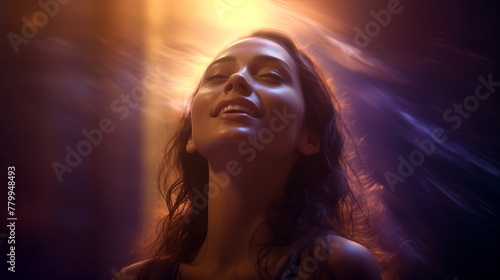 Woman looks up, her face illuminated by ethereal sunlight filtering through