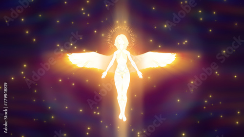 3d illustration of a beautiful shining angel flying sparingly in space