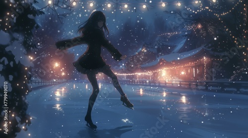 A woman is skating on a frozen road at night, AI