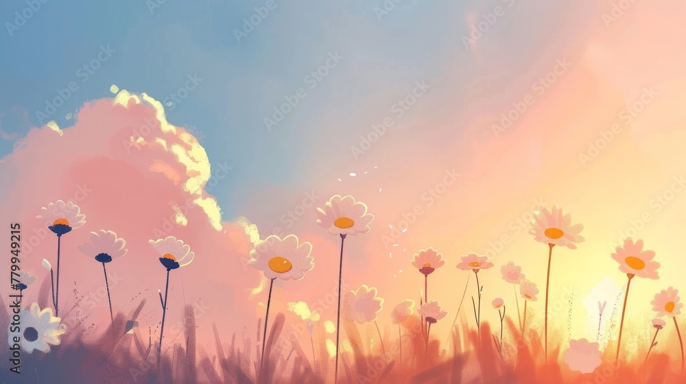 A painting of a field with daisies and clouds in the background, AI