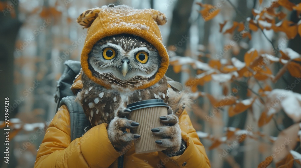 An owl wearing a yellow hat and holding coffee in its beak, AI