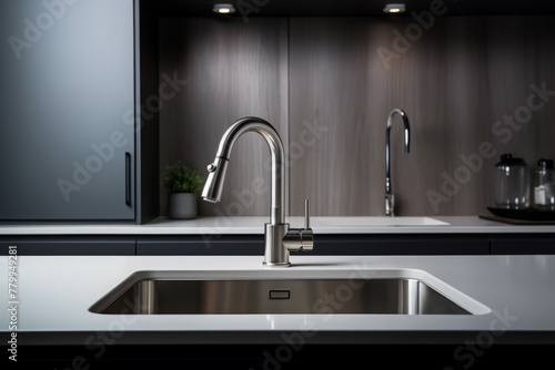 Modern Sink faucet kitchen. Metal cold stream. Generate ai