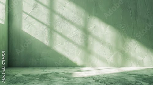 light green background Shadows and light from the window on the cement wall