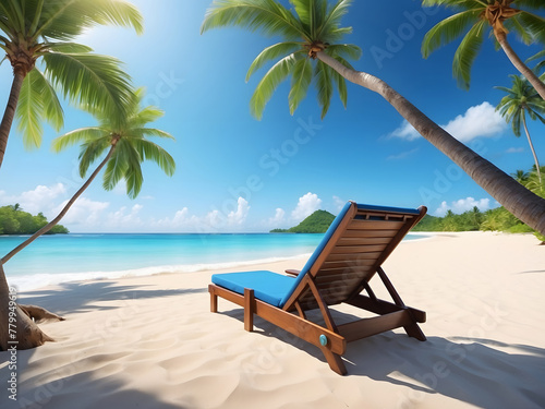 A beautiful tropical vacation on a beach with wooden beach chairs is an exotic summer getaway to relax and enjoy the ocean views design. © Mahmud