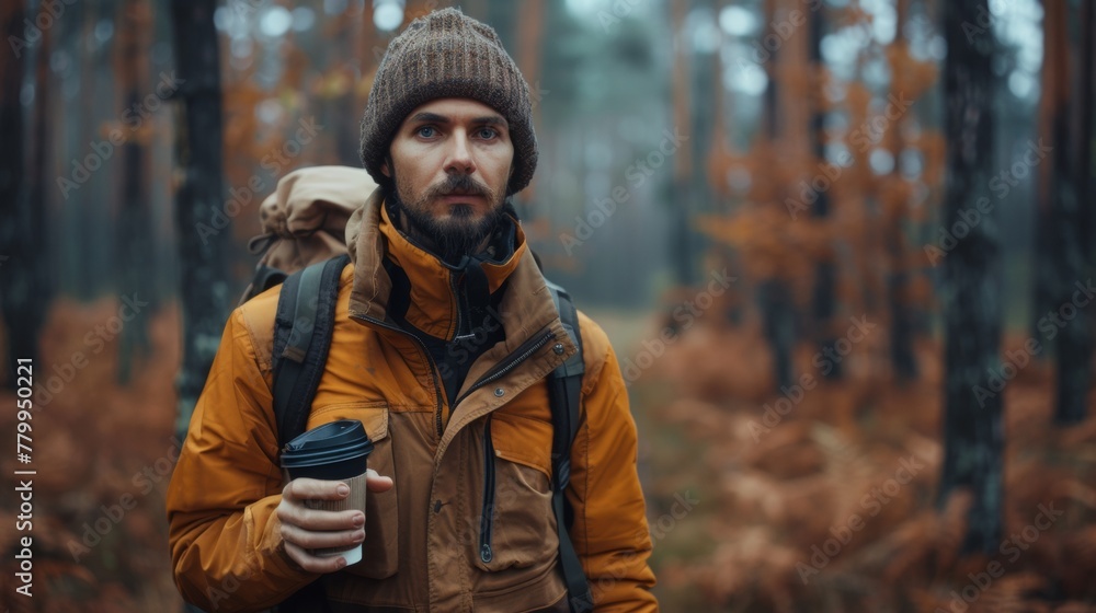 A man in a brown jacket and hat holding coffee cup, AI