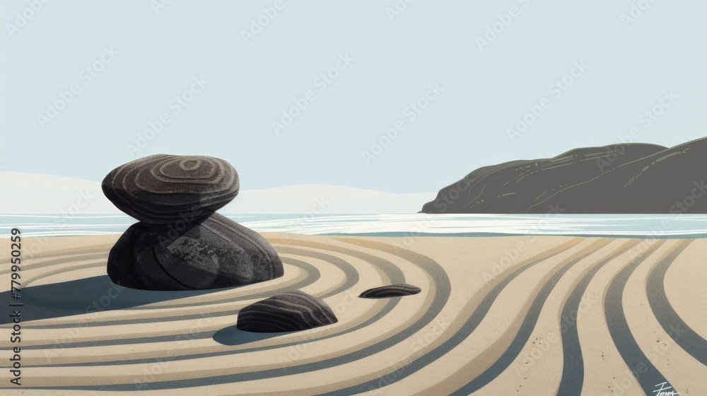 A drawing of a japanese stone garden on top of the sand, AI