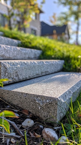 A concrete staircase with a gray granite edge in an aura of solidity and contemporary elegance. Concrete steps on green grass for a variety of architectural environments.