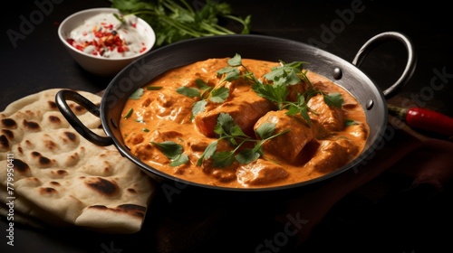 Atmospheric shot showcasing butter chicken and naan