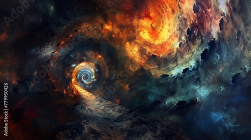 A spiral of a dark and bright space with an orange light, AI