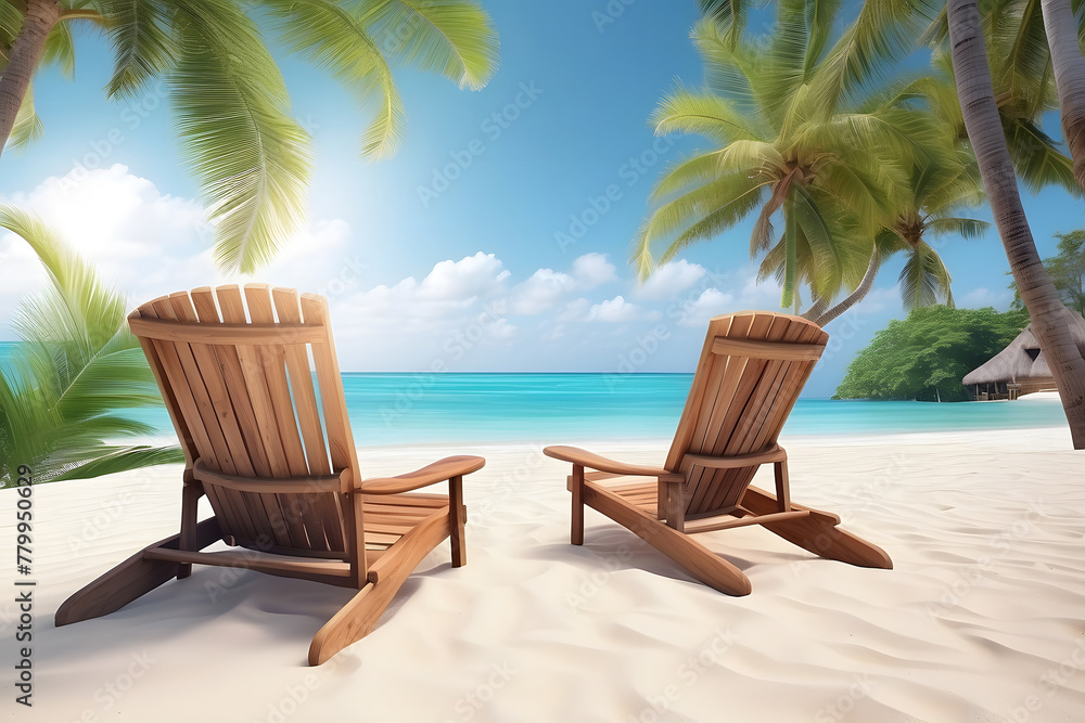 A beautiful tropical vacation on a beach with wooden beach chairs is an exotic summer getaway to relax and enjoy the ocean views design.