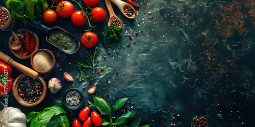 A rich array of fresh ingredients and spices on a dark surface creating a visual feast for recipe developers or food photography. photo