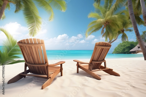 A beautiful tropical vacation on a beach with wooden beach chairs is an exotic summer getaway to relax and enjoy the ocean views design.