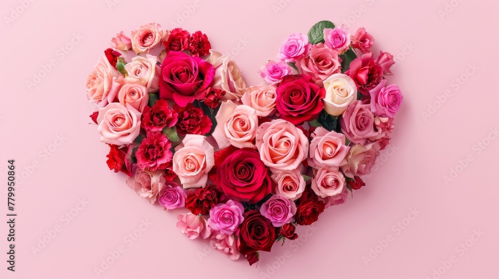 Heart shape made of rose flowers for wedding and birthday celebration pink background Heart shape made of rose flowers for wedding and birthday celebration pink background