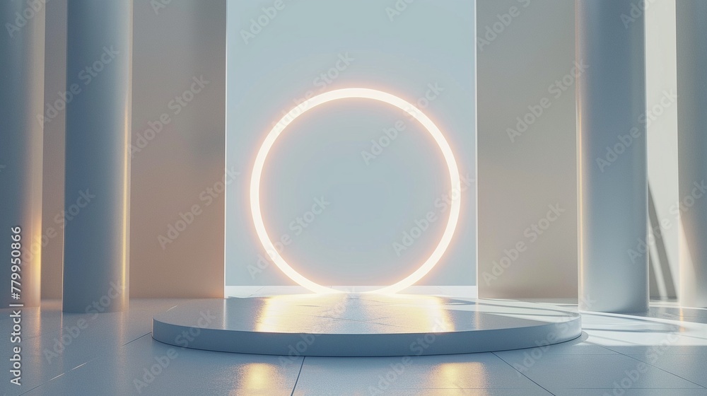 3D podium in tech studio, abstract future platform, glowing portal stand, minimalist white setting