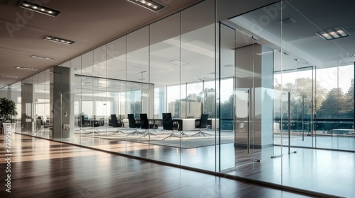 An office space with a glass wall and partition for transparency and modernity photo