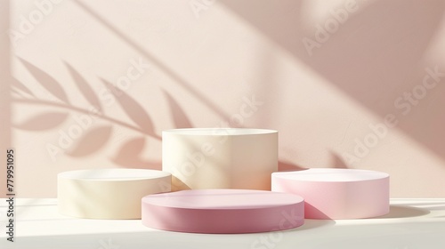 Abstract 3D display stand, pastel light background, cream and pink luxury podium, subtle shadows