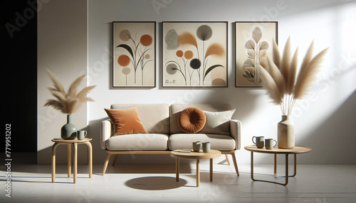 Wallpaper Mural A modern interior scene with a mid-century modern style sofa in a neutral color. Next to the sofa, there's a small wooden side table with a vase Torontodigital.ca