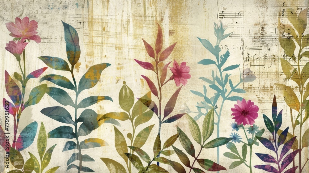 A painting of a colorful flower with musical notes and sheet music, AI