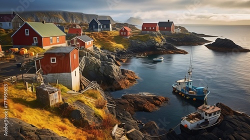 Fishing boats and houses on a rocky shore with blue sea and sky