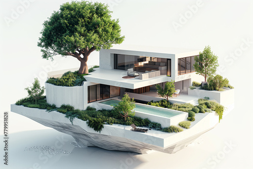 Futuristic house with trees.