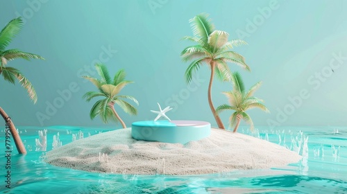 Beachthemed podium, 3D summer sale stand, sand and water backdrop, vacation promotion island © PARALOGIA