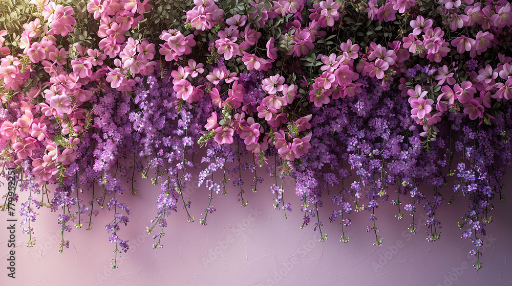 Hanging purple and pink bougainvillea flowers against a pink gradient background. Wall-mounted floral decoration with copy space for interior design and print.