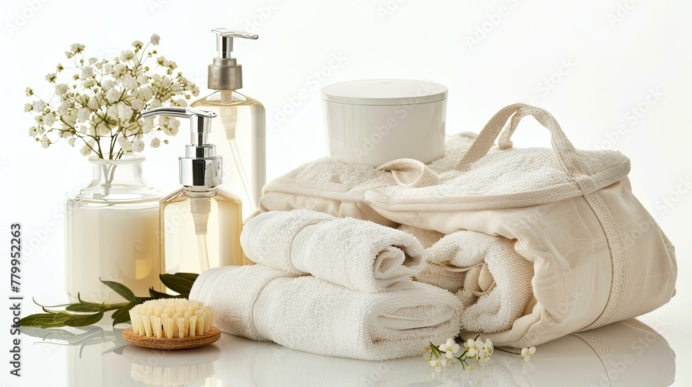 Flat lay of spa essentials and toiletry bag, beckoning you to unwind in a sanctuary of tranquility and beauty Flat lay of spa essentials and toiletry bag, beckoning you to unwind in a sanctuary of tranquility and beauty