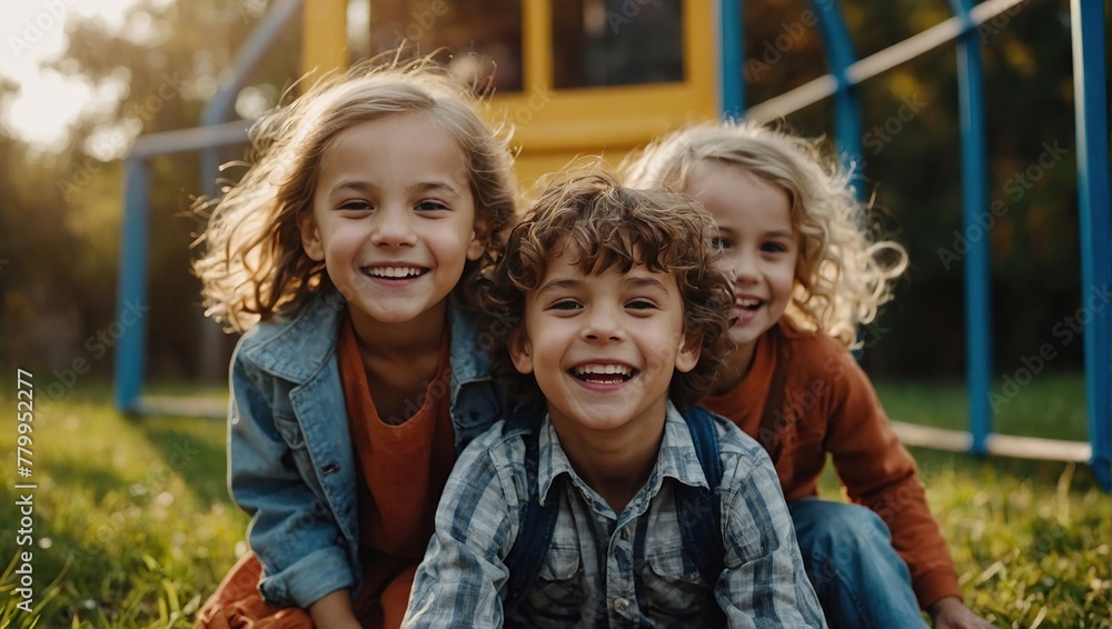 Happy group of kids children friends playing having fun outdoors in the park. active, relaxing, cheerful, childish emotions Happy group of kids children friends playing having fun outdoors in the park. active, relaxing, cheerful, childish emotions