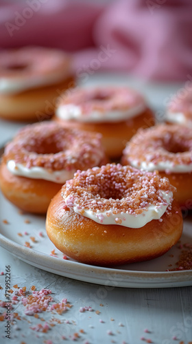 Frosted donuts with pink sprinkles on a ceramic plate, selective focus on the textured toppings. A culinary delight concept for desserts and sweet tooth temptations