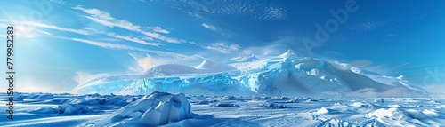 Cool glacier ice podium, frozen sea and snow, winter mountain platform, abstract blue sky ad