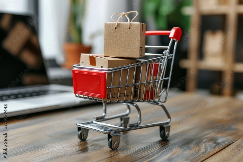 Laptop with shopping cart retail e-commerce online store buy sale marketing purchase decision internet business dropshipping fast delivery website selling technology product description Laptop with shopping cart retail e-commerce online store buy sale marketing purchase decision internet business dropshipping fast delivery website selling technology product description