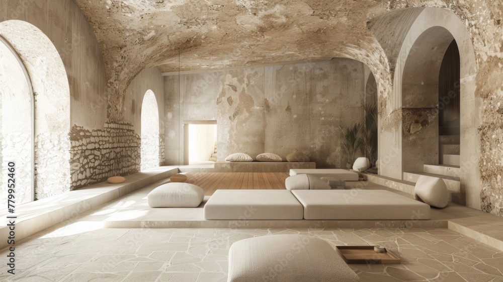A living room with a stone ceiling and a stone floor