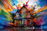 An HD-captured image of a captivating top full-frame view of a house, showcasing vivid and clear paint splashes in various colors on a stunning and visually striking abstract background.