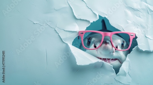 A dog wearing glasses peeks out of a hole in a wall