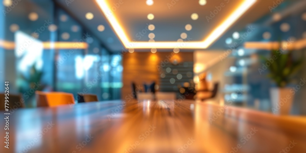 A blurred view of a conference room setting with office background. Abstract blurred office interior.