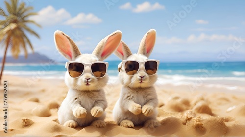 two bunnies wearing sunglasses on vacation on the beach, a white rabbit and a summer sea daytime background with white sand. © Pradeep leo