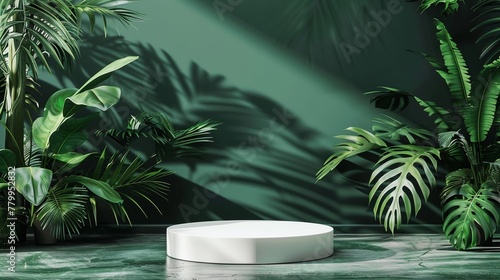 Forest green and white plant podium  tropical wood jungle setting  cosmetic product display