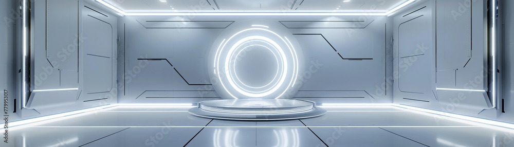 Fototapeta premium Futuristic game platform, 3D podium background, tech room with glowing circle, white modern space