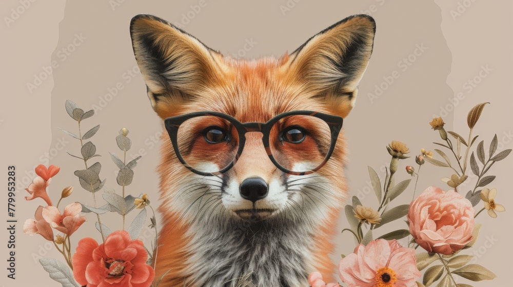Obraz premium A fox with glasses and flowers on a background, AI
