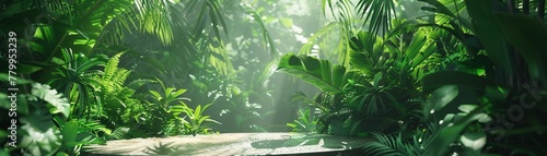 Green jungle scene  eco product platform  soft diffuse lighting  low camera angle  tranquil beauty