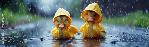 funny little ducklings in yellow raincoats walking the road in the rain